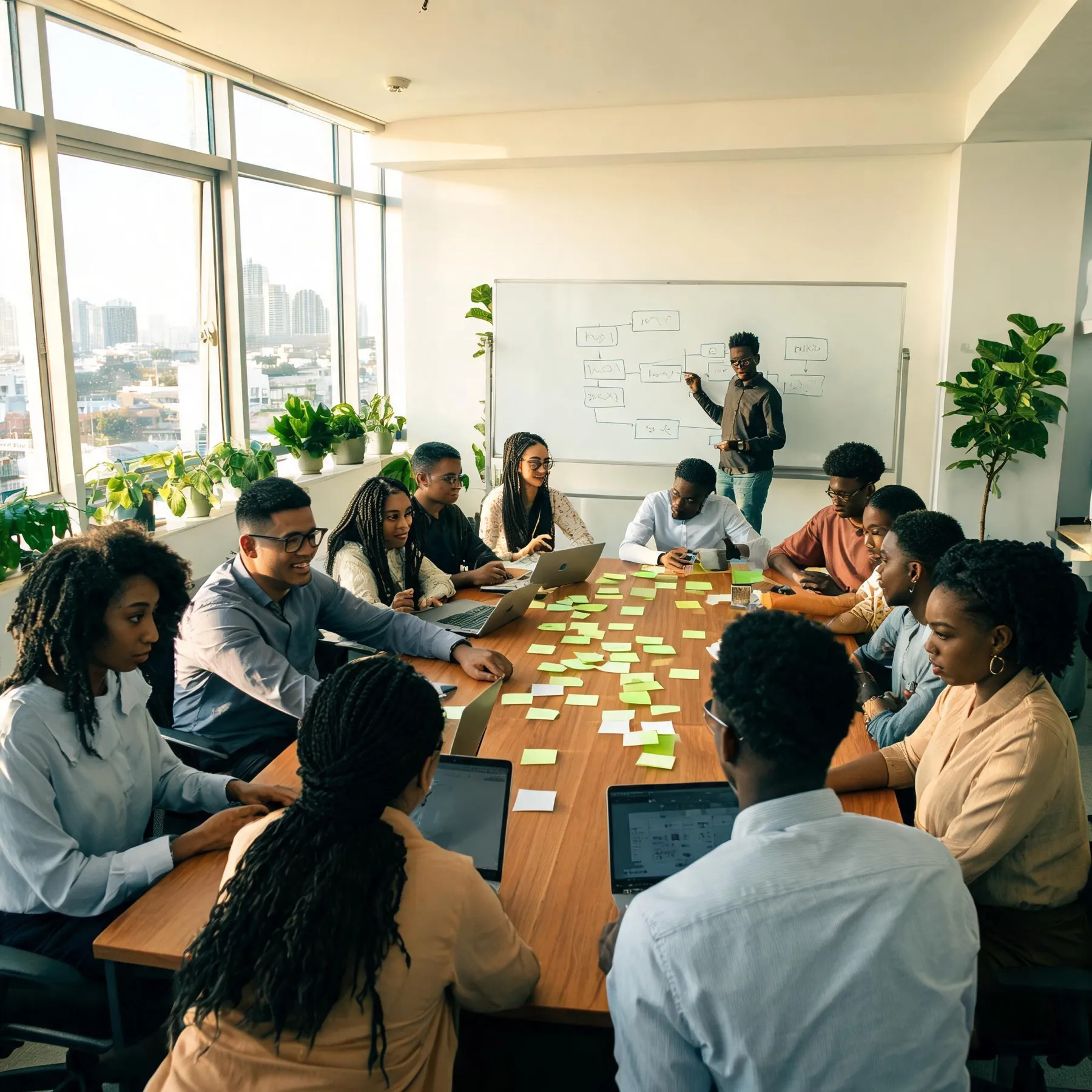 A team maps out a process together around a workshop table